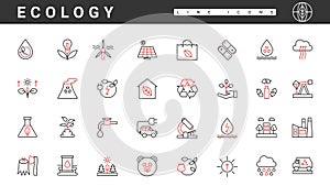 Eco friendly industry, green alternative technology thin red and black line icons set