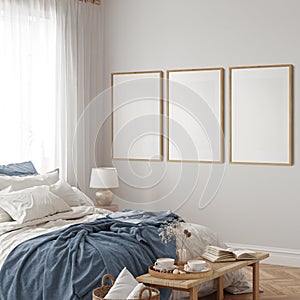 Eco Friendly interior style. Bedroom room. Frame mockup. Poster mockup. 3d rendering, 3d illustration