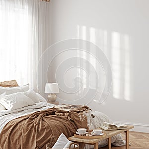 Eco Friendly interior style. Bedroom room. Wall mockup. Wall art. 3d rendering, 3d illustration