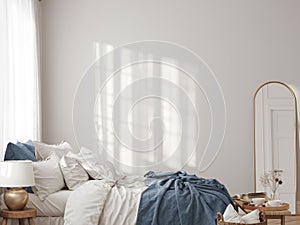 Eco Friendly interior style. Bedroom room. Wall mockup. Wall art. 3d rendering, 3d illustration