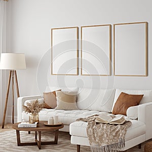 Eco Friendly interior style. living room. Frame mockup. Poster mockup. 3d rendering, 3d illustration