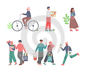 Eco Friendly Lifestyle with People Characters Protecting Environment Vector Set
