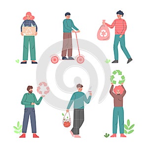 Eco Friendly Lifestyle with People Characters Protecting Environment Vector Set