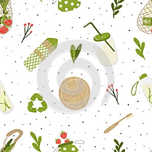 Eco friendly lifestyle. Seamless pattern with  reusable and recyclable objects.