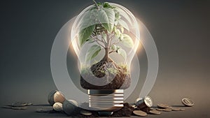 Eco-friendly Light Bulbs, Green Energy Investment, Plant Growth, Money and Tree in Light Bulb, Plants and Trees, Sustainability