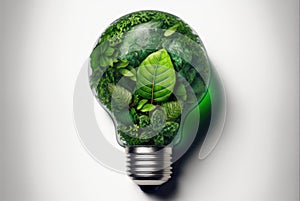 Eco friendly lightbulb from fresh leaves top view. Energy saving, ecology and environment sustainable resources conservation. Gree