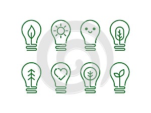 Eco friendly lightbulb icon set. Bulb with a leaf, tree, heart, smiley, sun.