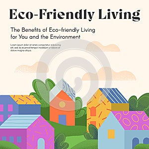 Eco-friendly living brochure concept with houses,hills and trees