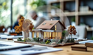 Eco-friendly living conceptualized with a 3D model house on a meeting table in a real estate agency, symbolizing sustainable