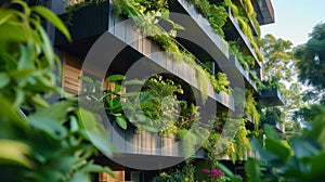 Eco-Friendly Living: Lush Balconies in Sustainable Building. Modern sustainable building with lush plant-filled