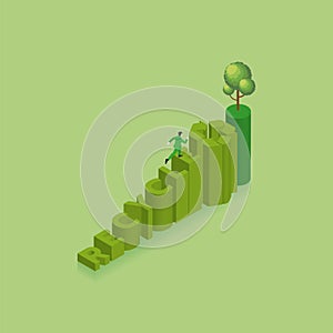 Eco friendly. A man run and step up text word RECYCLE and symbol with a tree on top of stairs. Isometric Vector Illustration