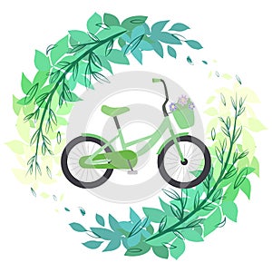 Eco friendly mode of transport. Green bike on branches of the leaves. Sports lifestyle. Summer hobby. Vector flat illustration
