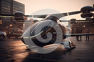 Eco friendly modern and futuristic air taxi in modern city. Generative AI.