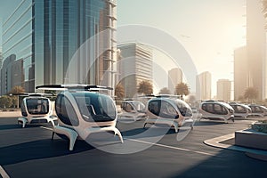 Eco friendly modern and futuristic air taxis flying in modern city. Generative AI