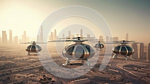 Eco friendly modern and futuristic air taxis flying in modern city. Generative AI