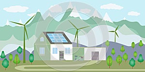 Eco friendly modern house. Renewable energy with solar panels and wind generator. Environment conservation and ecology