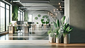 Eco-Friendly Modern Office Interior with Green Plants, AI Generated