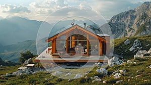 eco-friendly mountain retreat, an eco-friendly wooden retreat in the mountains with expansive windows showcasing