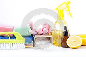 Eco-friendly natural cleaners, cleaning products. Homemade green cleaning on white background.