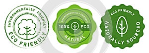 Eco friendly naturally sourced 100 percent eco environmentally friendly stamp symbol seal tree icon green sticker photo