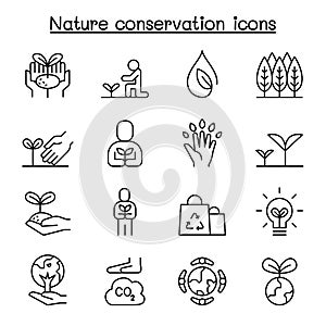 Eco friendly, nature conservation, environmentalist icon set in thin line style