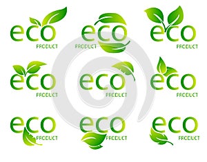 Eco Friendly Organic Natural Product Green Logo. Set of green word with green leaf. Vector Illustration