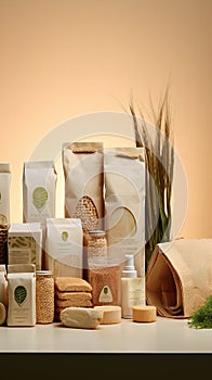 Eco-friendly packaging and natural products on a beige background,. Generated AI