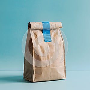 Eco friendly paper bag with blue tape on light blue background, sustainable & recyclable