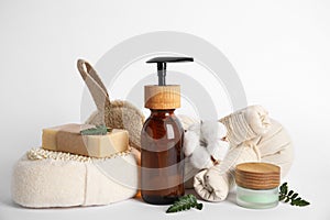 Eco friendly personal care products on white background