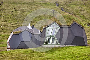 Eco friendly picturesque houses in Faroe Islands. Sustainable architecture