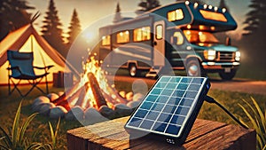 eco-friendly portable solar panel charging during a serene camping evening