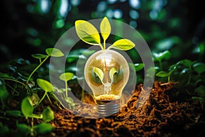 Eco friendly power: light bulb with growing plant symbolizes renewables photo