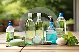 Eco friendly product bottles, sponge and towel on wooden table, outdoor shot with green trees in the background, labels with no
