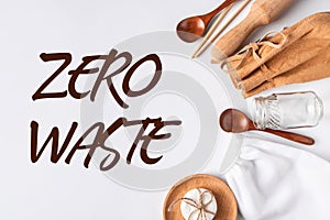 Eco-friendly recycled kitchen accessories - biodegradable bags and wooden utensils. Zero waste concept