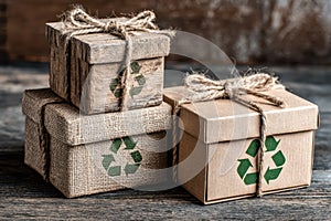 Eco-friendly recycled packaging boxes with sustainability symbols and rustic twine decorations
