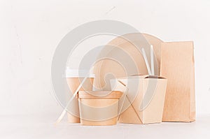 Eco friendly recycling paper packing for fast food, template for design, advertising and branding - blank bag, cup, box.