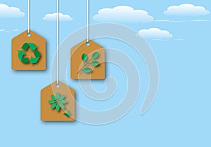 Eco-friendly recycling symbol with plant leaf and flower on sky background. Ecology project concept.