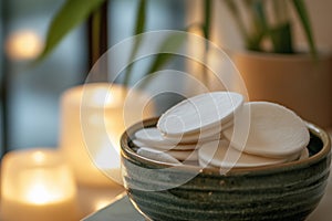 Eco-friendly reusable cotton pads arranged in a decorative bowl with glowing candles photo