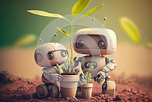 Eco friendly robot family on the ground. Technology and Environment conservation concept. Generative AI