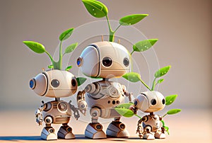 Eco friendly robot family on the ground. Technology and Environment conservation concept. Generative AI