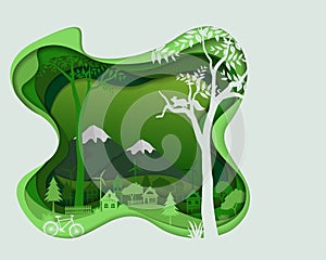 Eco friendly save the environment conservation concept,Countryside silhouette in green color landscape