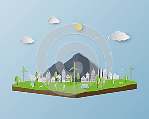 Eco friendly and save the environment conservation concept, isometric landscape with white city on paper art background