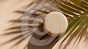 Eco-friendly shampoo bar above a palm leaf shadow, minimal beige background photo
