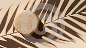 Eco-friendly shampoo bar above a palm leaf shadow, minimal beige background photo