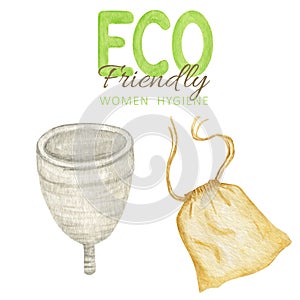 Eco-friendly silicone washable Menstrual cup with cotton bag. Zero waste supplies for personal women intimate hygiene