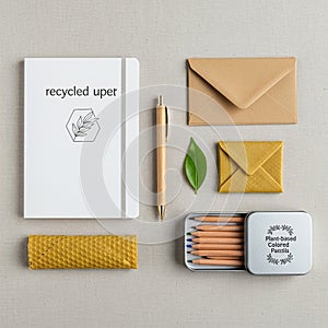 Eco-friendly stationery set on a neutral background, featuring a white notebook labeled 