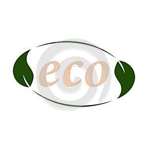 Eco friendly sticker, label, badge. Ecology icon. Stamp template for organic products with green leaves. Vector illustration