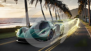 Eco-Friendly Supercar Races Along Coastal Road with Ocean Backdrop for Earth Day. Concept Earth Day