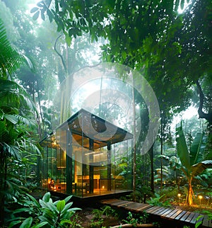 Eco Friendly Sustainable Glass House, High Tech Modern Building in Nature. Construction