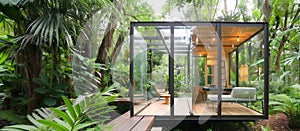 Eco Friendly Sustainable Glass House, High Tech Modern Building in Nature. Construction